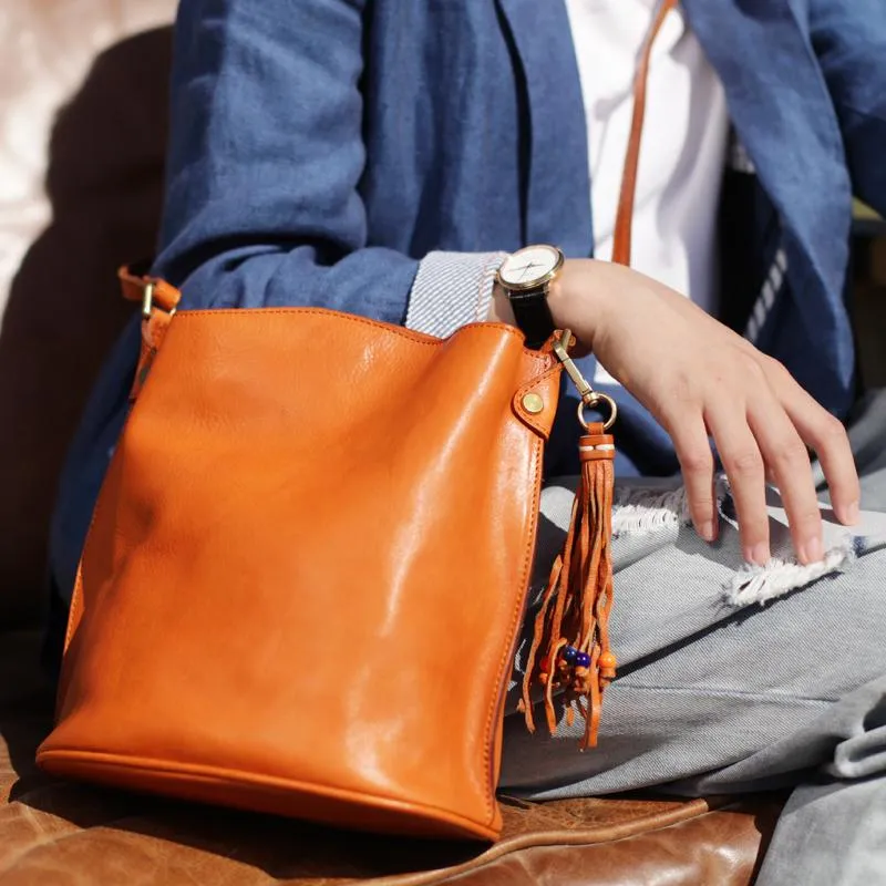 Fashion Womens Brown Leather Bucket Shoulder Bag Tan Bucket Side Bag Crossbody Bag for Ladies
