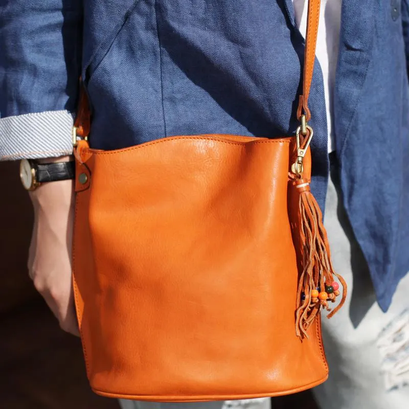 Fashion Womens Brown Leather Bucket Shoulder Bag Tan Bucket Side Bag Crossbody Bag for Ladies