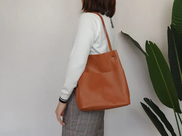 Fashion Womens Pink Leather Tote Bag Vertical Silver Shoulder Tote Bag Bucket Tote For Women