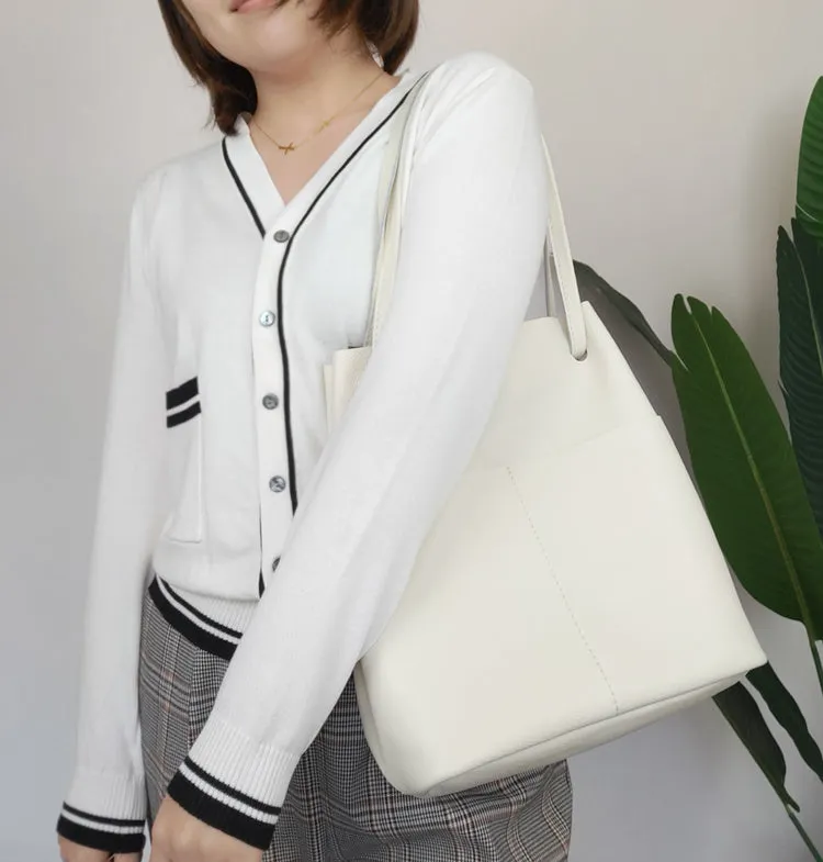 Fashion Womens Pink Leather Tote Bag Vertical Silver Shoulder Tote Bag Bucket Tote For Women