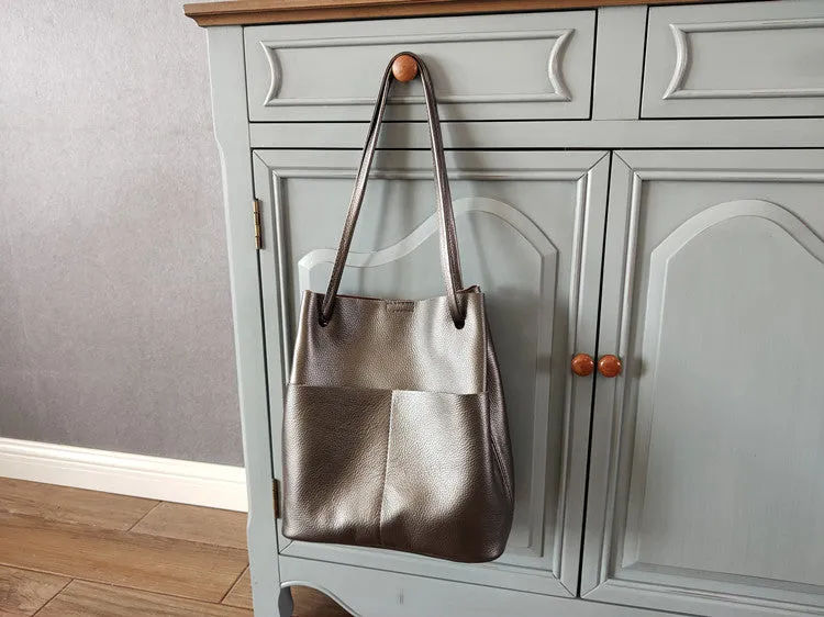 Fashion Womens Pink Leather Tote Bag Vertical Silver Shoulder Tote Bag Bucket Tote For Women