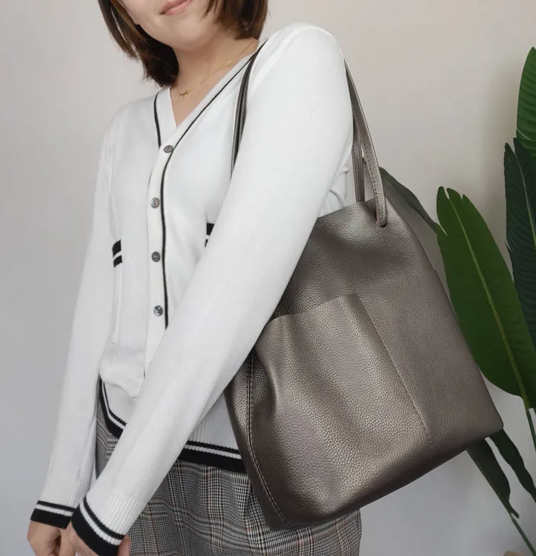 Fashion Womens Pink Leather Tote Bag Vertical Silver Shoulder Tote Bag Bucket Tote For Women