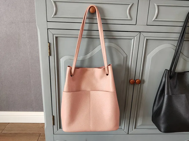 Fashion Womens Pink Leather Tote Bag Vertical Silver Shoulder Tote Bag Bucket Tote For Women