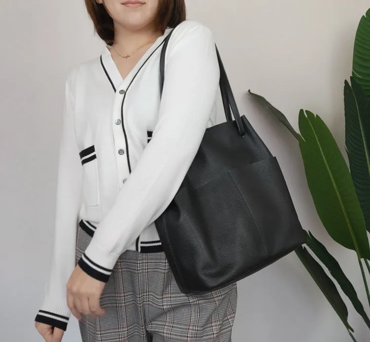Fashion Womens Pink Leather Tote Bag Vertical Silver Shoulder Tote Bag Bucket Tote For Women