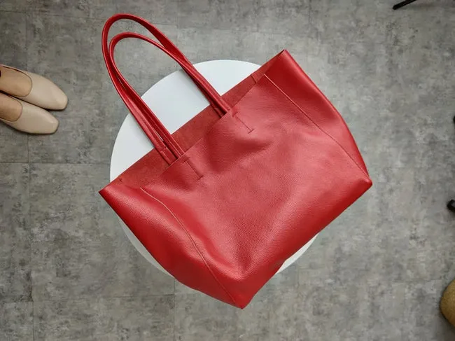 Fashion Womens Red Leather Oversize Tote Bag Red Shoulder Tote Bag Handbag Tote For Women