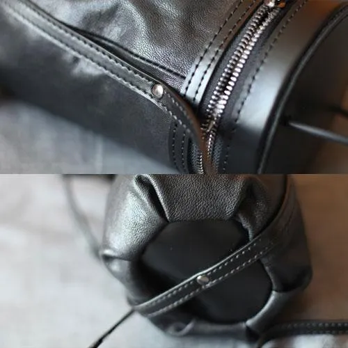 Fashion Womens Small Black Handbag Leather Barrel Crossbody Bag Cute Bucket Shoulder Bags for Ladies