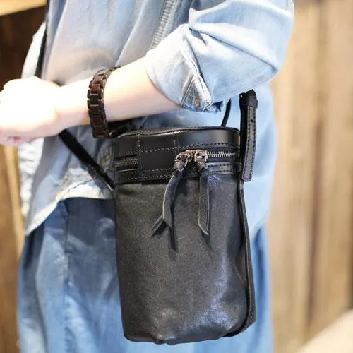 Fashion Womens Small Black Handbag Leather Barrel Crossbody Bag Cute Bucket Shoulder Bags for Ladies