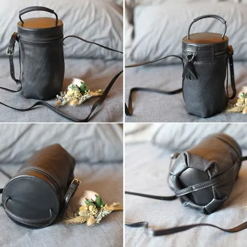 Fashion Womens Small Black Handbag Leather Barrel Crossbody Bag Cute Bucket Shoulder Bags for Ladies