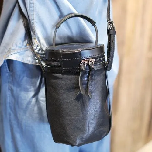 Fashion Womens Small Black Handbag Leather Barrel Crossbody Bag Cute Bucket Shoulder Bags for Ladies
