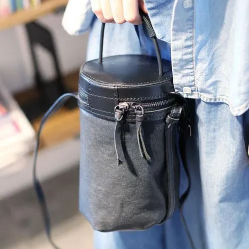 Fashion Womens Small Black Handbag Leather Barrel Crossbody Bag Cute Bucket Shoulder Bags for Ladies