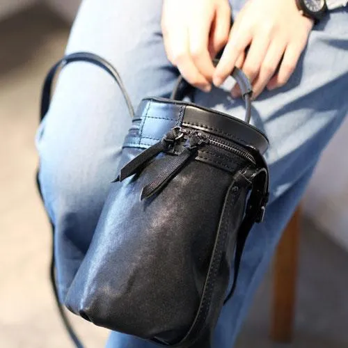 Fashion Womens Small Black Handbag Leather Barrel Crossbody Bag Cute Bucket Shoulder Bags for Ladies