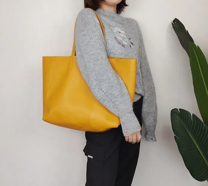 Fashion Womens Yellow Leather Oversize Tote Bag Yellow Shoulder Tote Bag Handbag Tote For Women