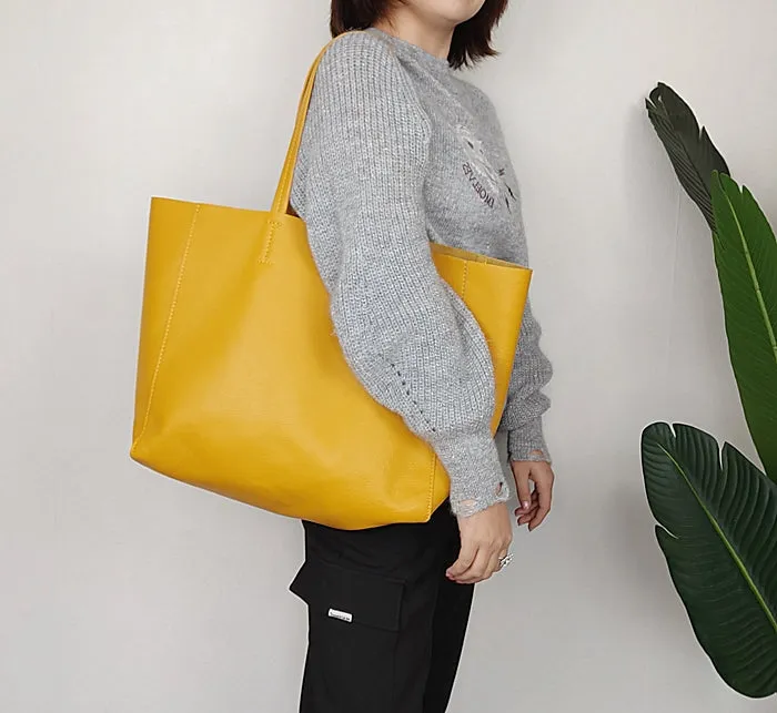 Fashion Womens Yellow Leather Oversize Tote Bag Yellow Shoulder Tote Bag Handbag Tote For Women