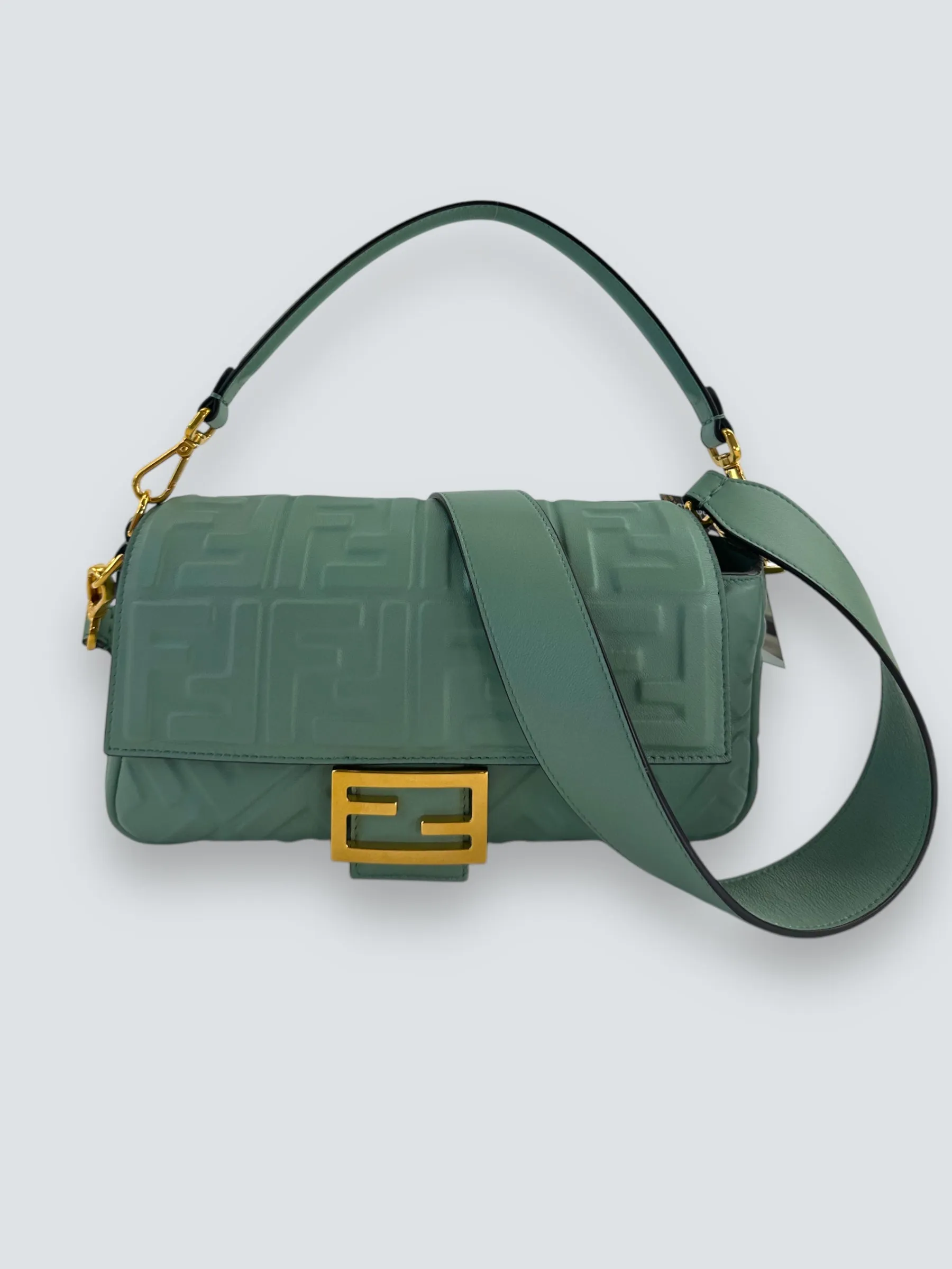 Fendi Olive Green Monogram Embossed Nappa Leather Baguette Crossbody