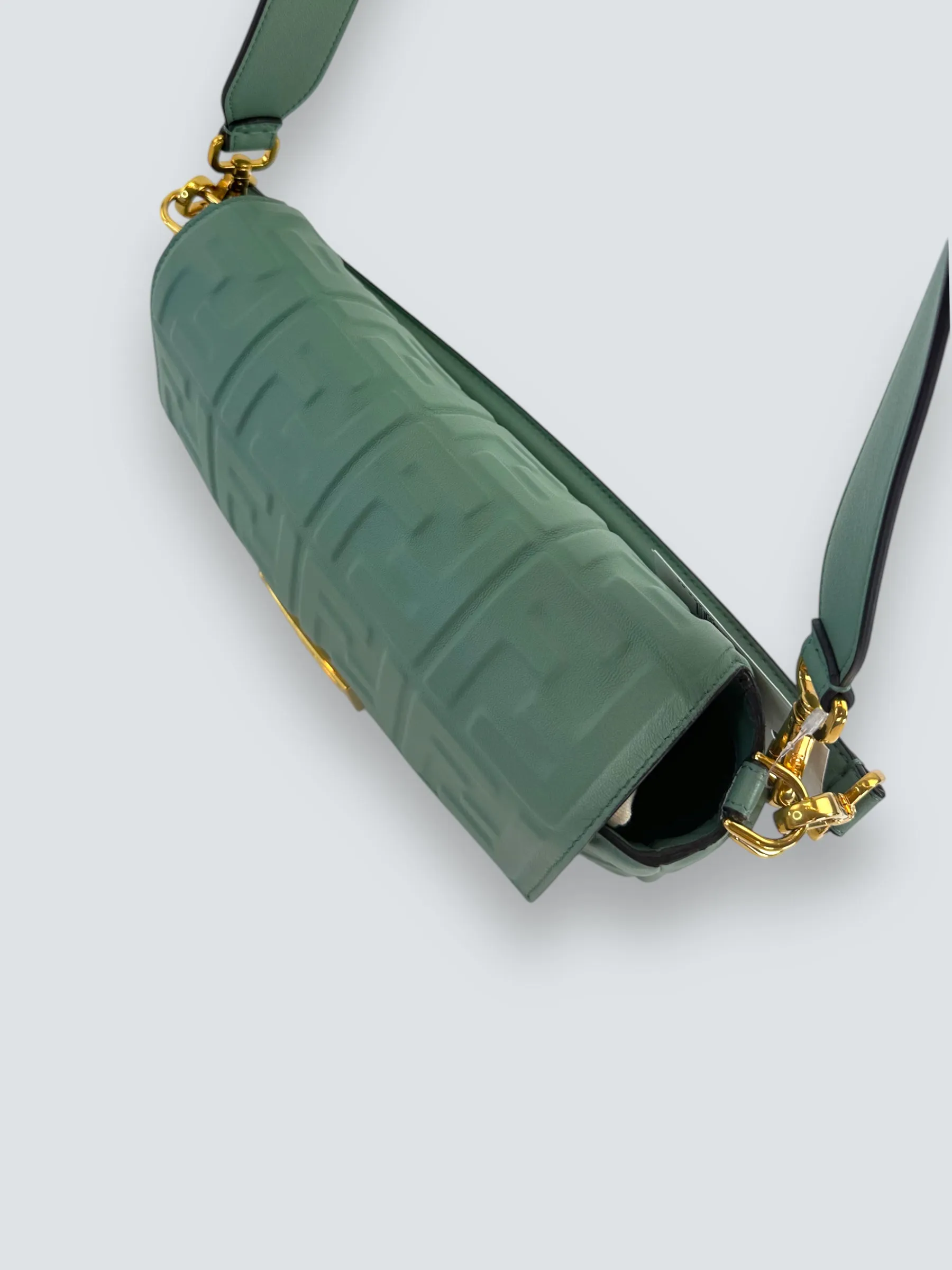 Fendi Olive Green Monogram Embossed Nappa Leather Baguette Crossbody