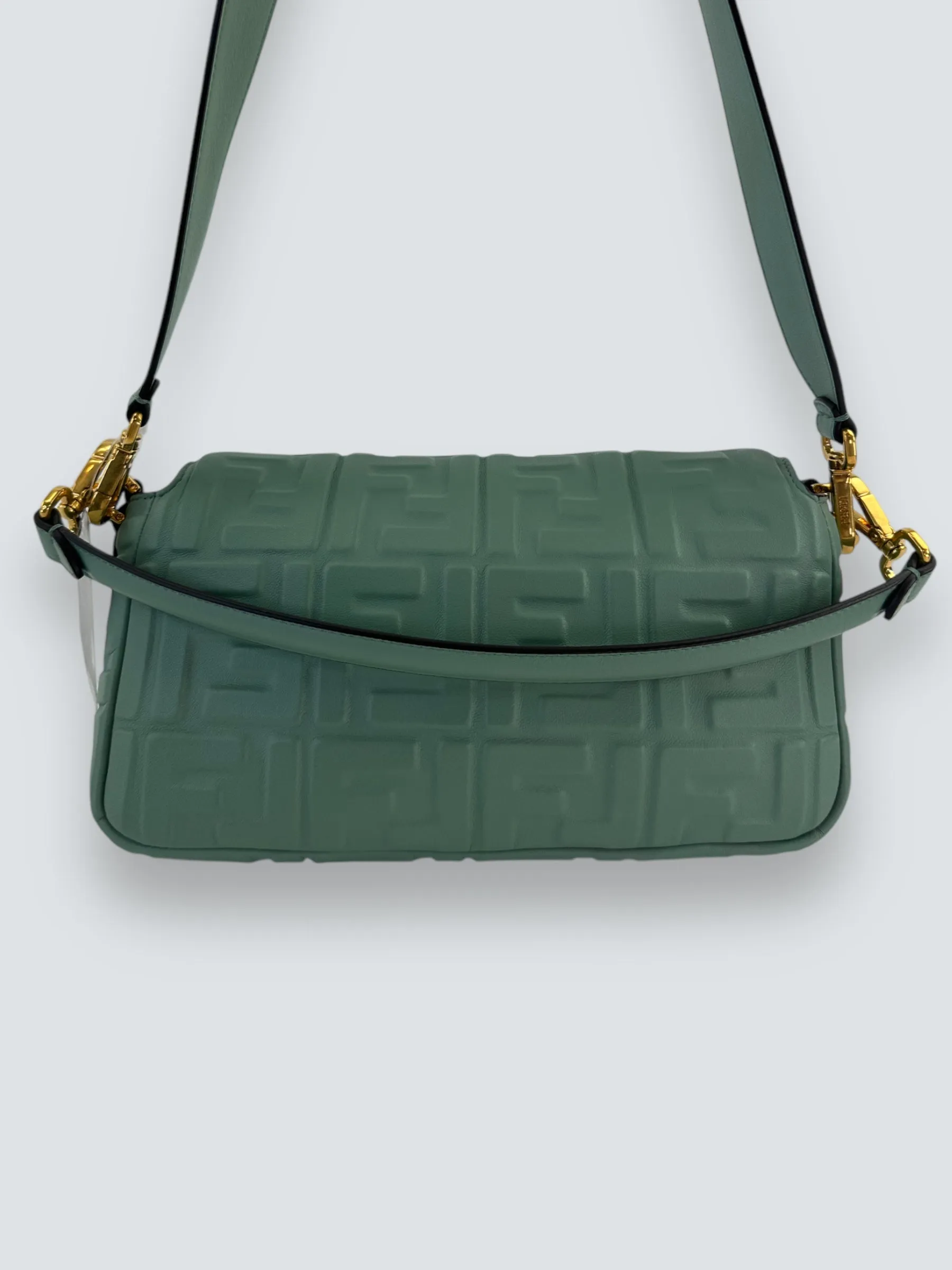 Fendi Olive Green Monogram Embossed Nappa Leather Baguette Crossbody
