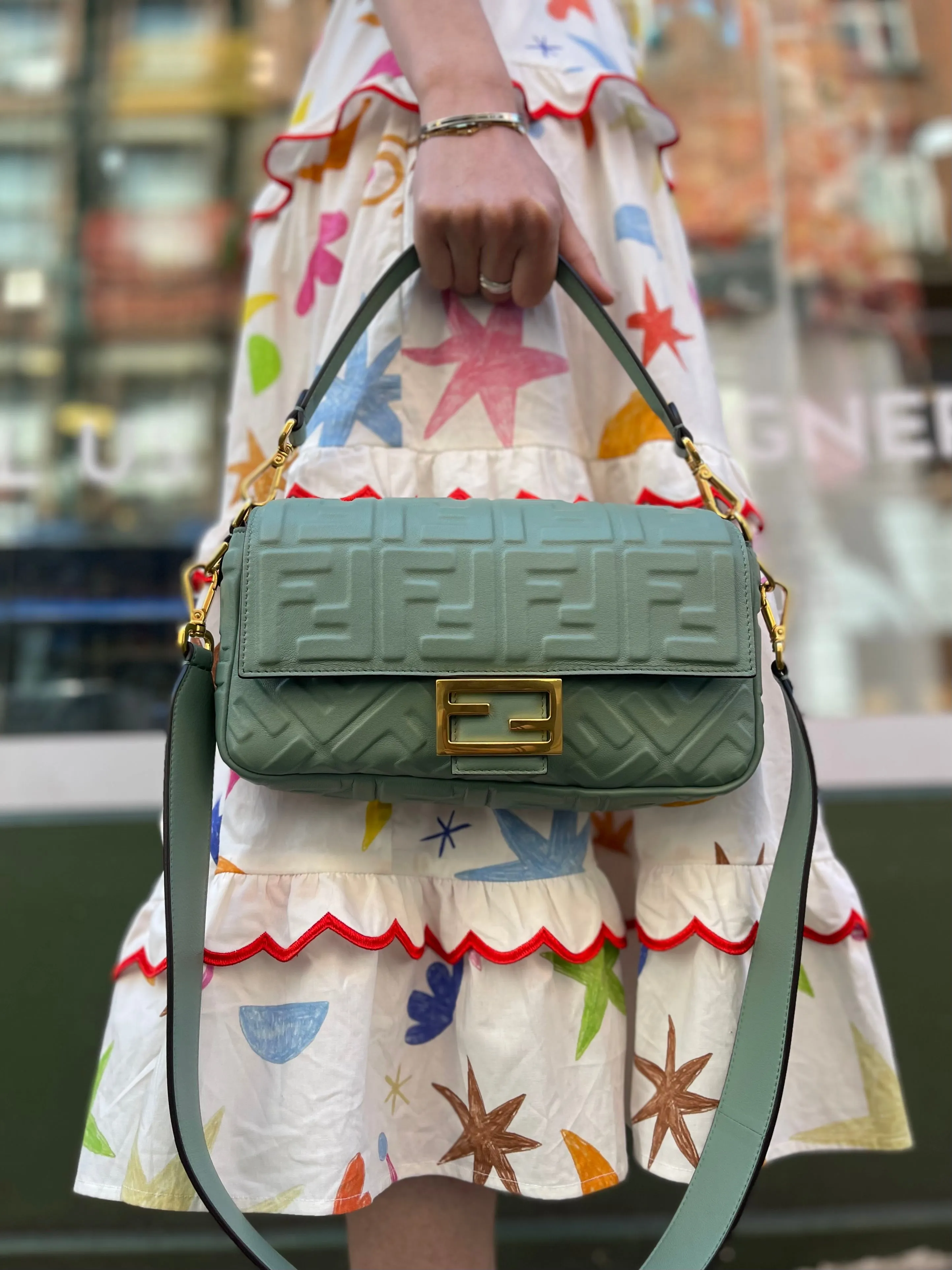 Fendi Olive Green Monogram Embossed Nappa Leather Baguette Crossbody