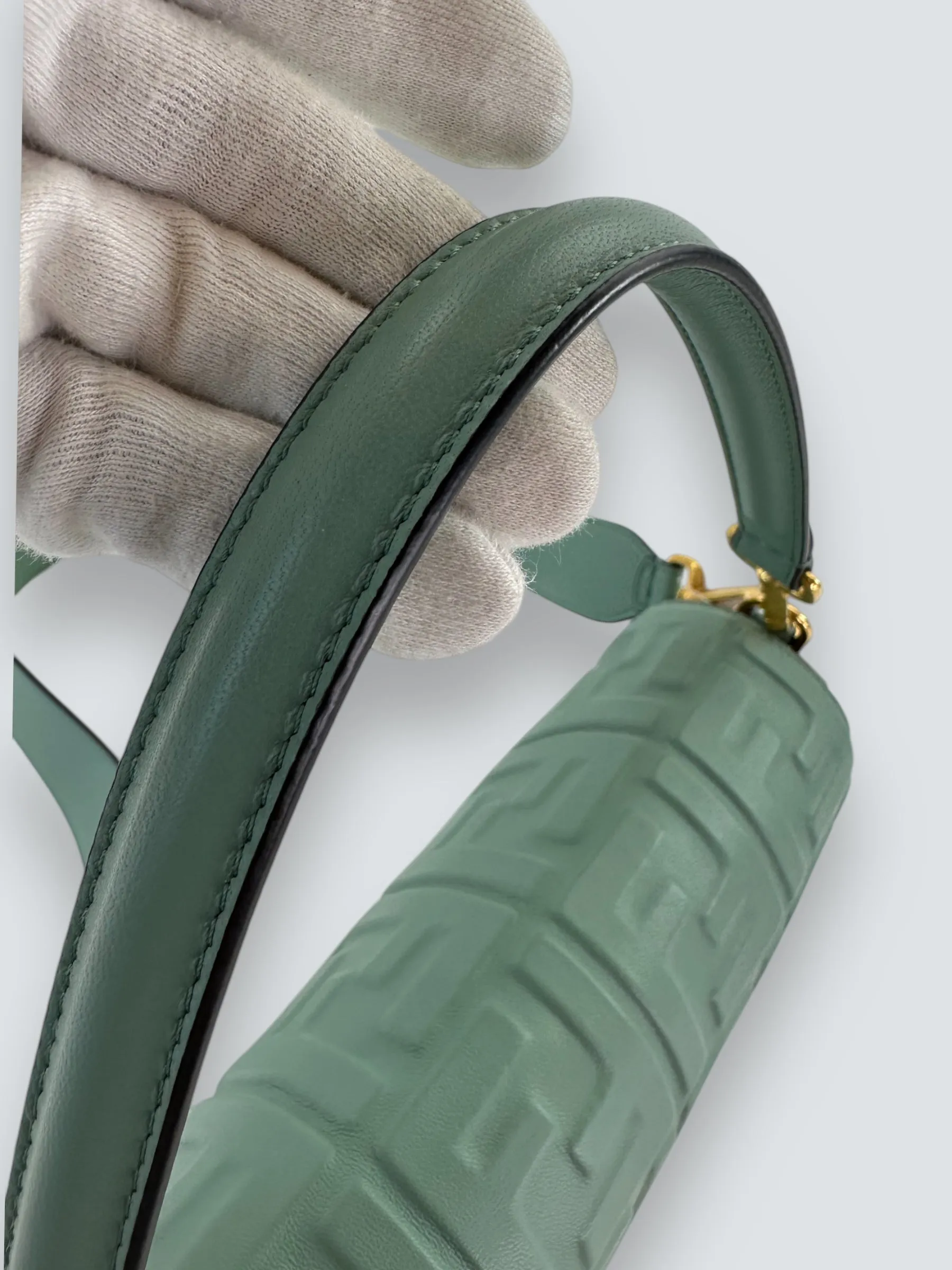 Fendi Olive Green Monogram Embossed Nappa Leather Baguette Crossbody