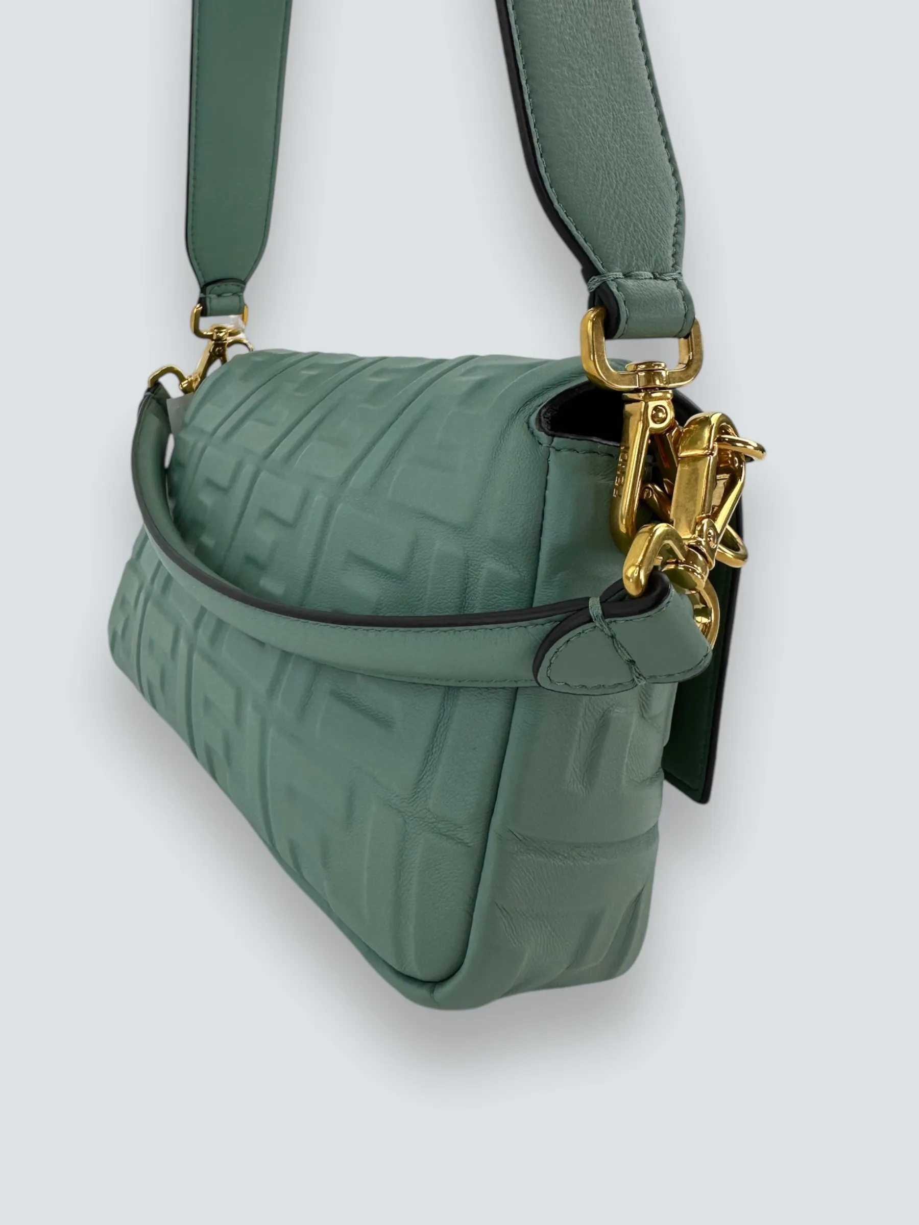 Fendi Olive Green Monogram Embossed Nappa Leather Baguette Crossbody