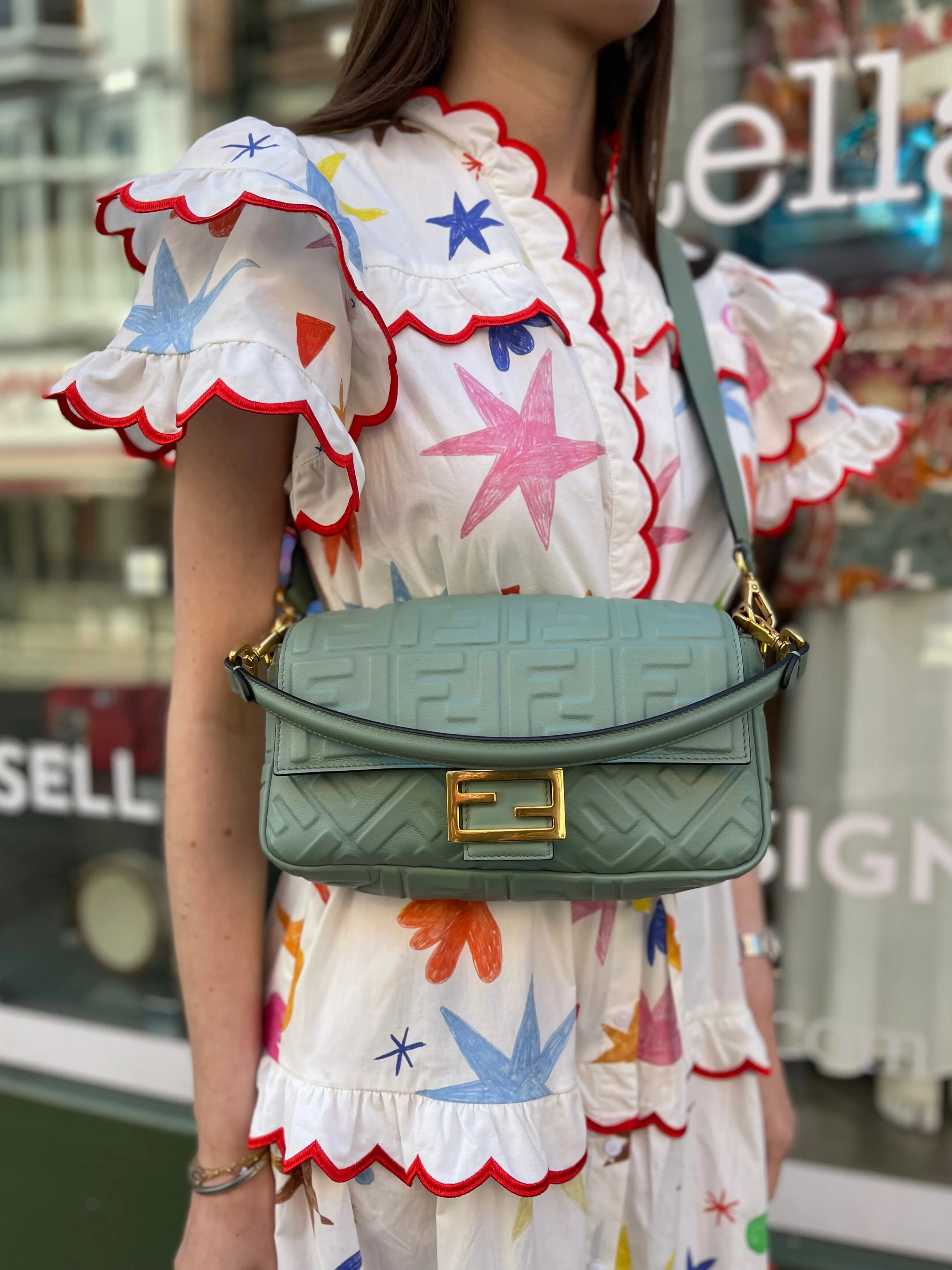 Fendi Olive Green Monogram Embossed Nappa Leather Baguette Crossbody
