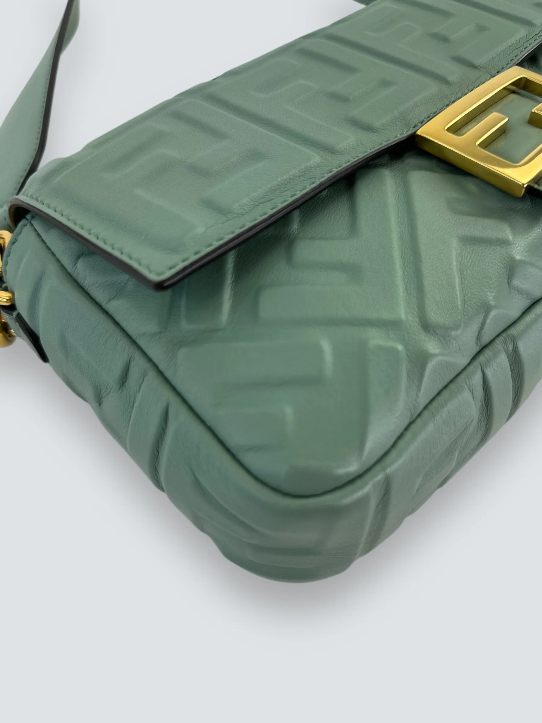 Fendi Olive Green Monogram Embossed Nappa Leather Baguette Crossbody