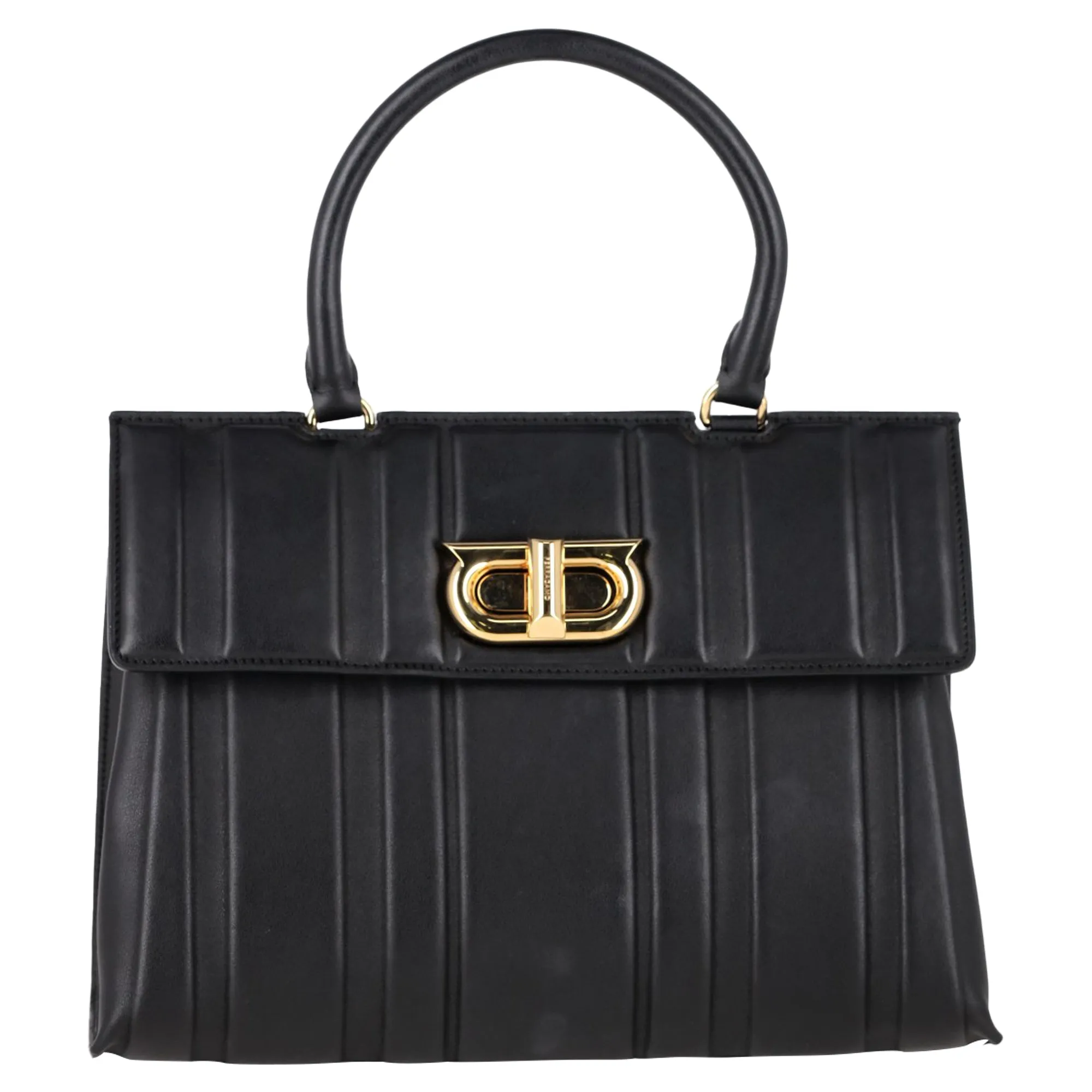 Ferragamo Gancini Flip-Lock Handbag in Black Leather