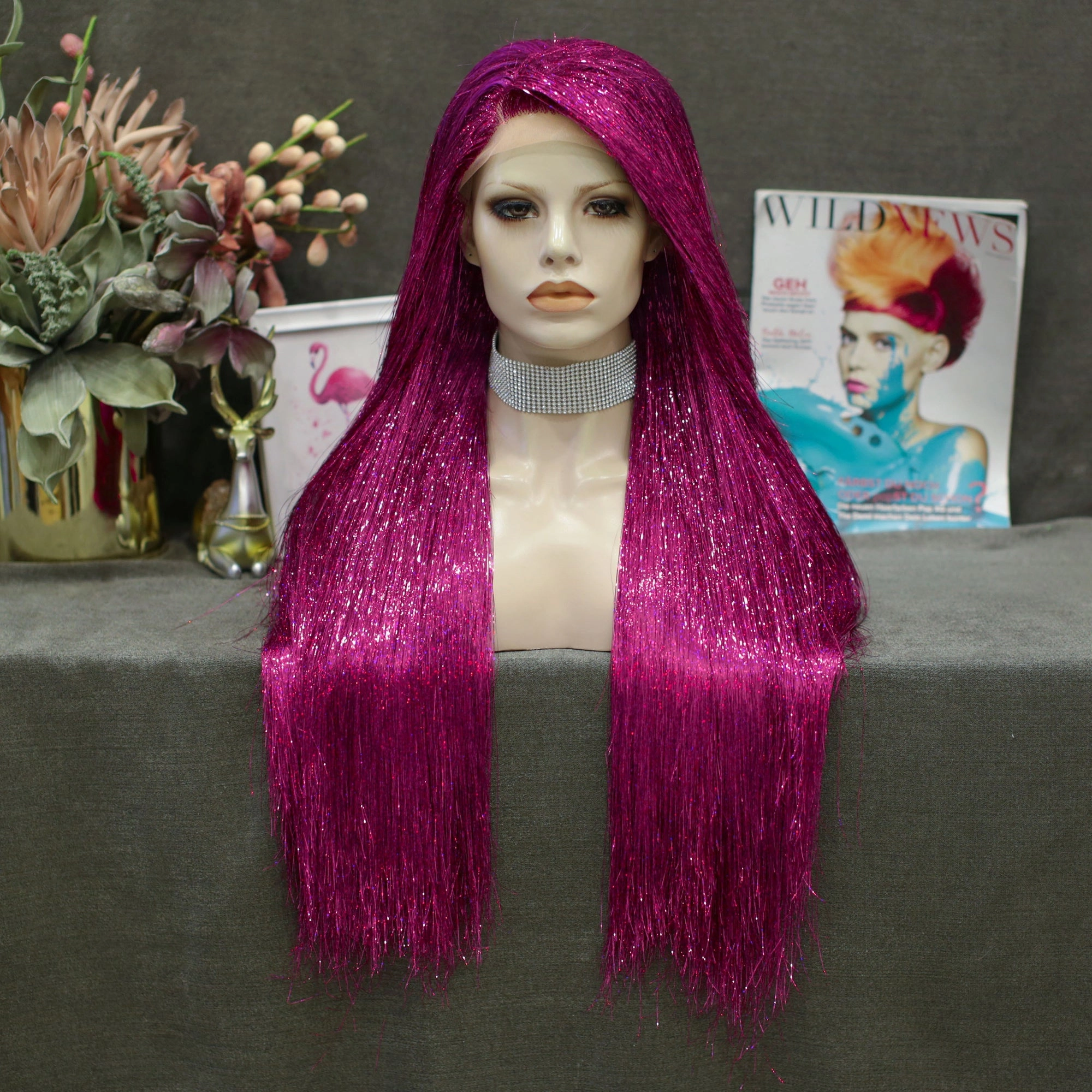 Flame Red Full Tinsel Lace Front Wig