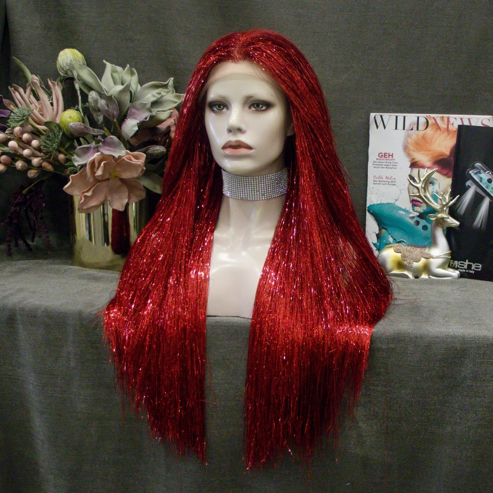 Flame Red Full Tinsel Lace Front Wig