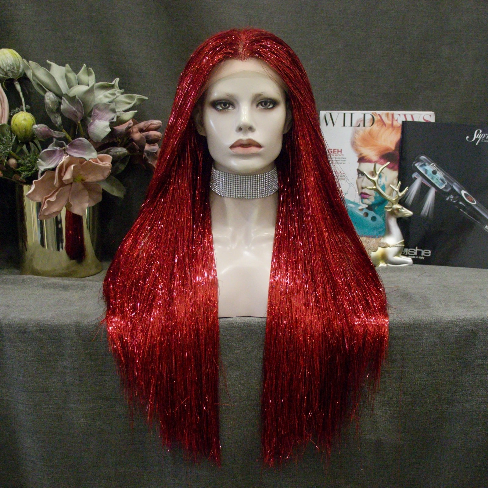 Flame Red Full Tinsel Lace Front Wig