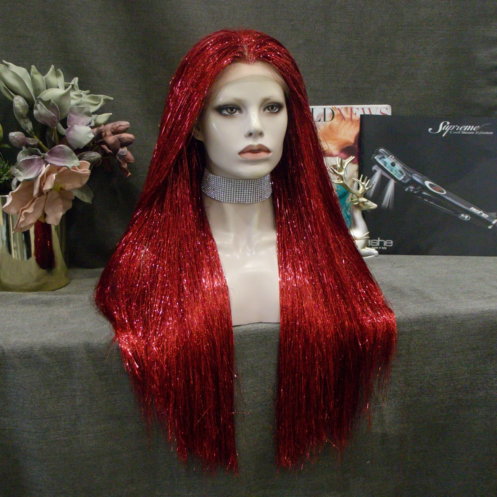 Flame Red Full Tinsel Lace Front Wig