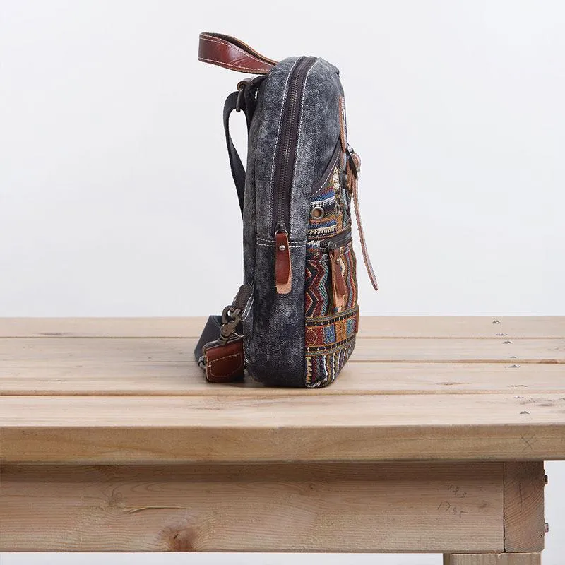 Folk Canvas Mens Sling Bag Vintage Chest Bag One Shoulder Pack for men