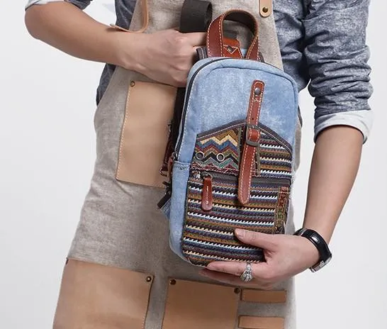Folk Canvas Mens Sling Bag Vintage Chest Bag One Shoulder Pack for men