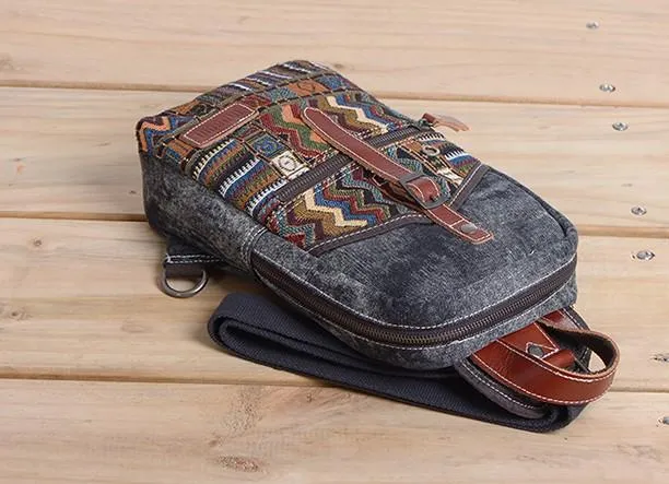 Folk Canvas Mens Sling Bag Vintage Chest Bag One Shoulder Pack for men