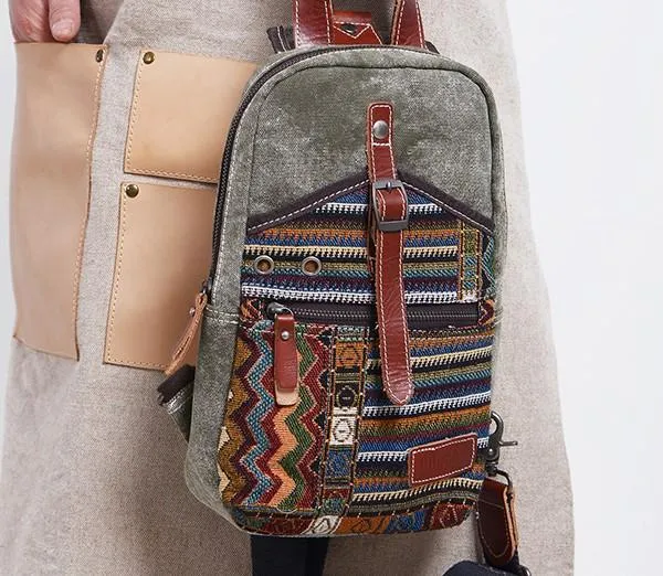 Folk Canvas Mens Sling Bag Vintage Chest Bag One Shoulder Pack for men