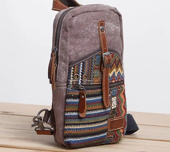 Folk Canvas Mens Sling Bag Vintage Chest Bag One Shoulder Pack for men