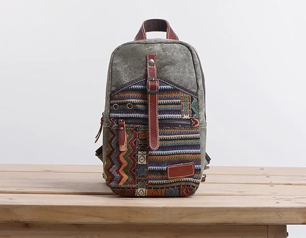 Folk Canvas Mens Sling Bag Vintage Chest Bag One Shoulder Pack for men