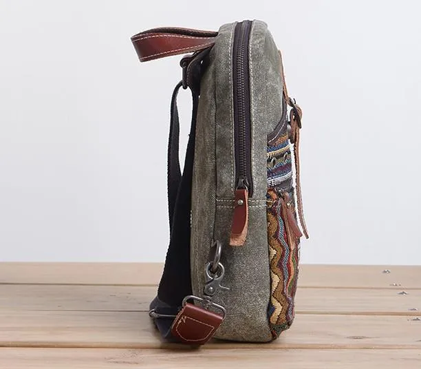 Folk Canvas Mens Sling Bag Vintage Chest Bag One Shoulder Pack for men