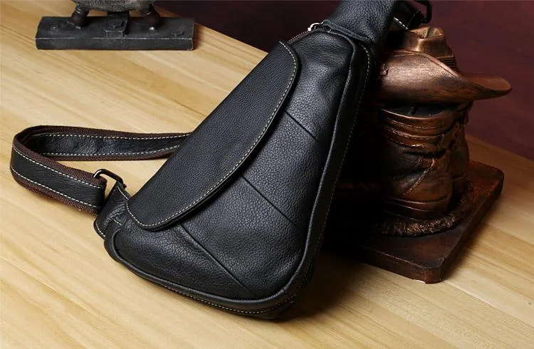 Genuine Black Leather Mens Cool SLing Pack Chest Bag Black Sling Bag Crossbody Bag Pack for men
