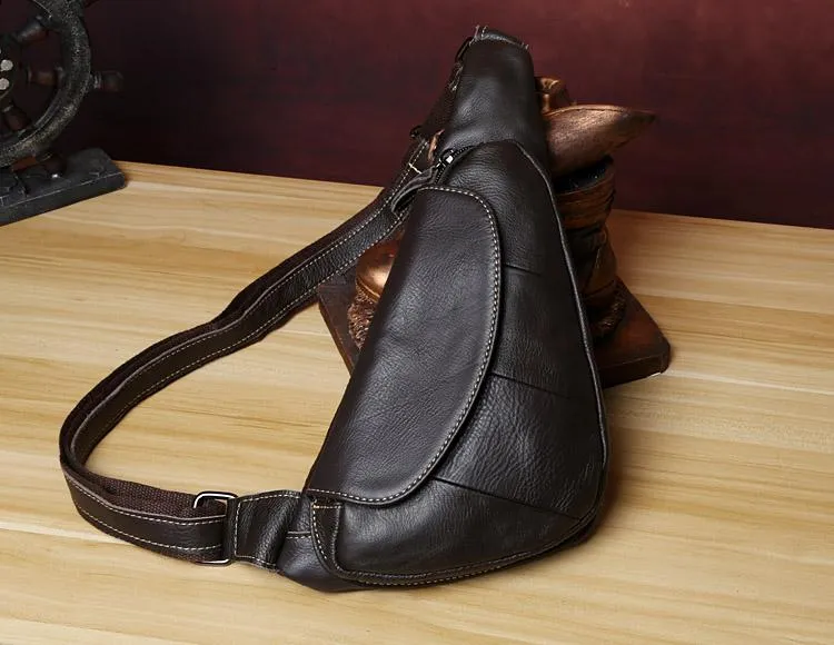 Genuine Black Leather Mens Cool SLing Pack Chest Bag Black Sling Bag Crossbody Bag Pack for men