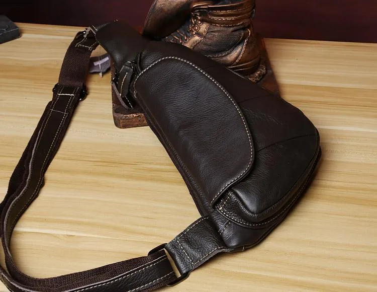 Genuine Black Leather Mens Cool SLing Pack Chest Bag Black Sling Bag Crossbody Bag Pack for men