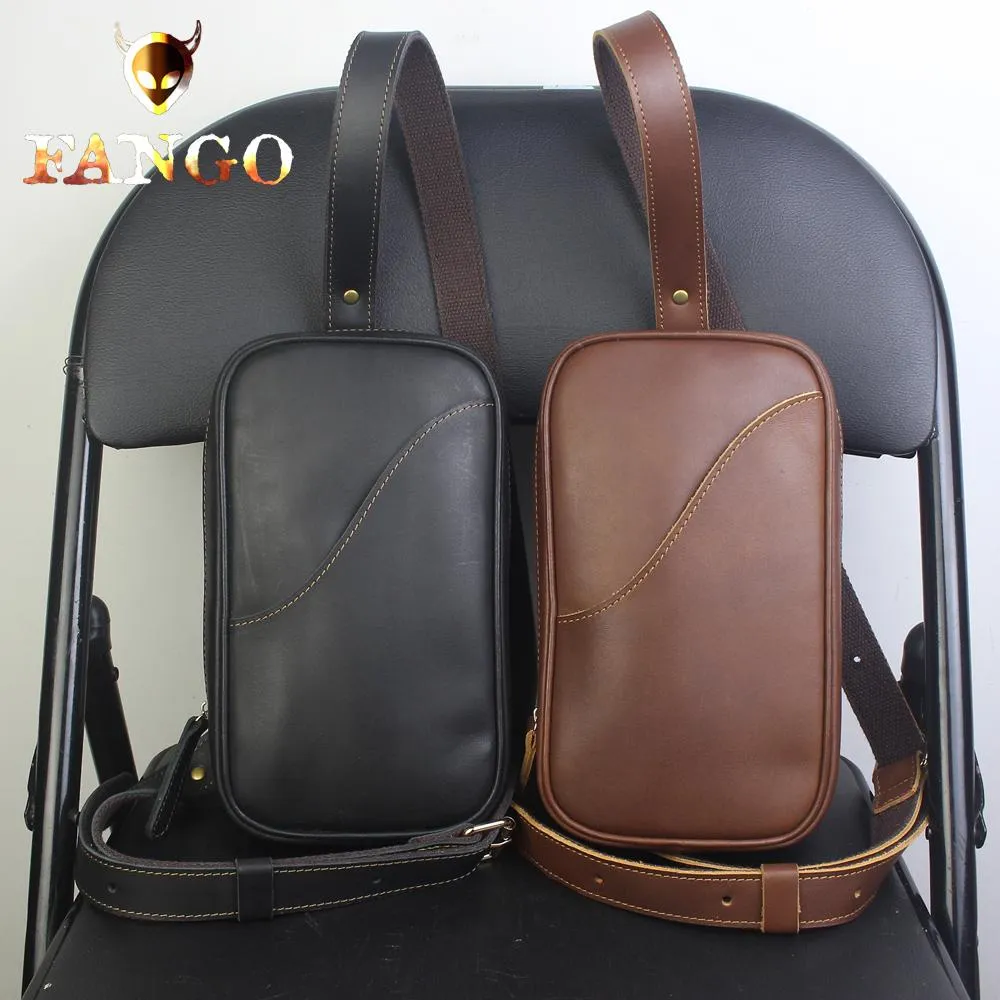 Genuine Black Leather Mens Cool Sling Pack Chest Bag Sling Bag Crossbody Pack for men