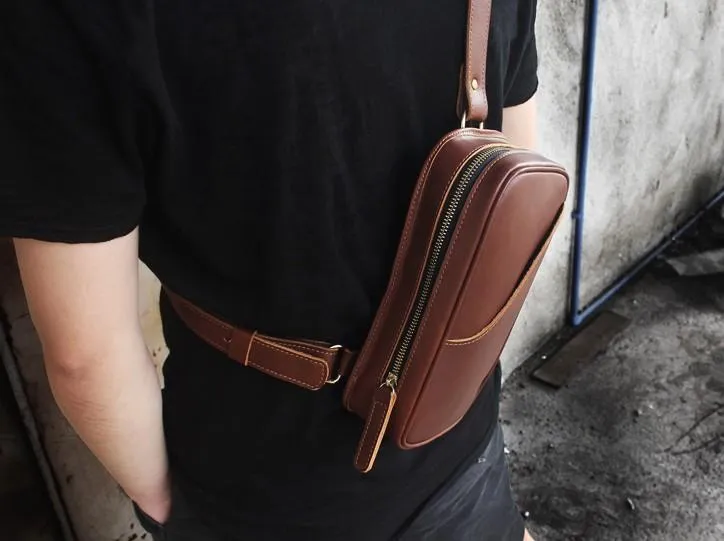 Genuine Black Leather Mens Cool Sling Pack Chest Bag Sling Bag Crossbody Pack for men