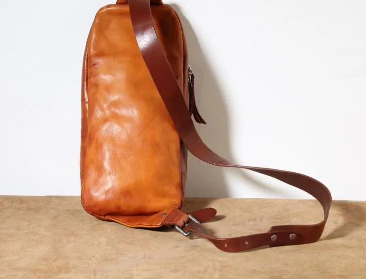 Genuine Brown Leather Mens Cool Chest Bag Sling Bag Brown Crossbody Pack One Shoulder Backpack for men