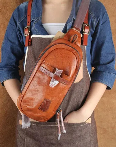 Genuine Brown Leather Mens Cool Chest Bag Sling Bag Brown Crossbody Pack One Shoulder Backpack for men