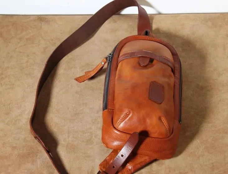 Genuine Brown Leather Mens Cool Chest Bag Sling Bag Brown Crossbody Pack One Shoulder Backpack for men