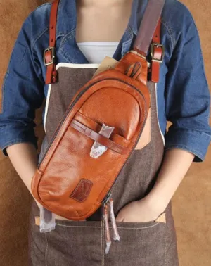 Genuine Brown Leather Mens Cool Chest Bag Sling Bag Brown Crossbody Pack One Shoulder Backpack for men