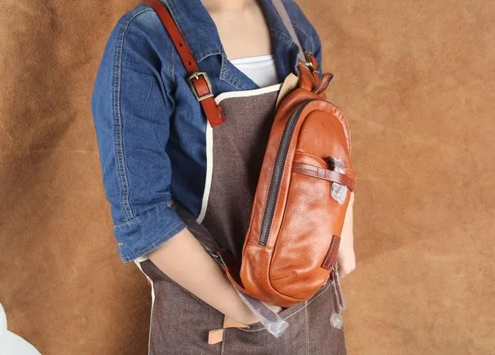 Genuine Brown Leather Mens Cool Chest Bag Sling Bag Brown Crossbody Pack One Shoulder Backpack for men