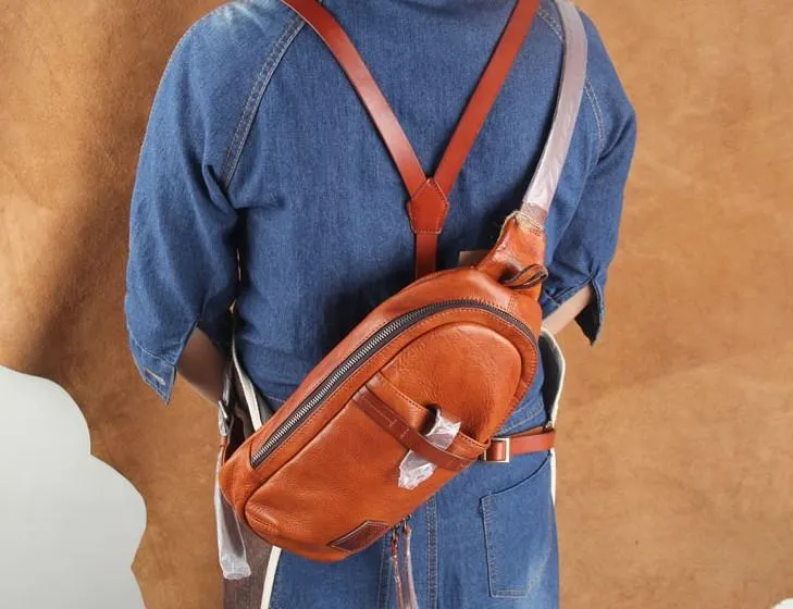 Genuine Brown Leather Mens Cool Chest Bag Sling Bag Brown Crossbody Pack One Shoulder Backpack for men