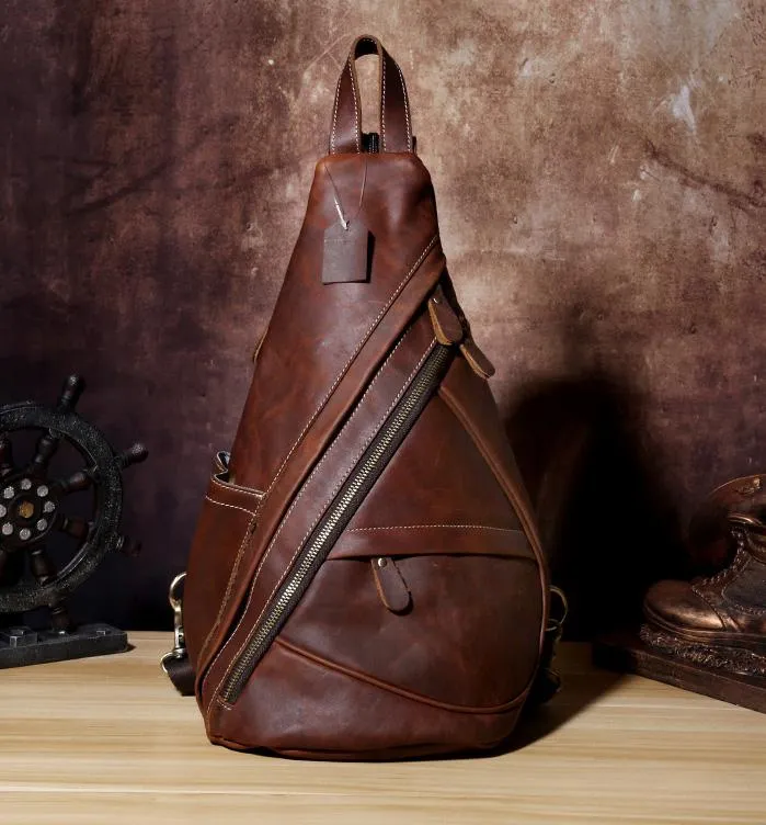 Genuine Brown Leather Mens Cool Chest Bag Sling Bag Sling Backpack for men