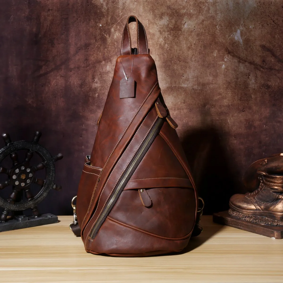Genuine Brown Leather Mens Cool Chest Bag Sling Bag Sling Backpack for men